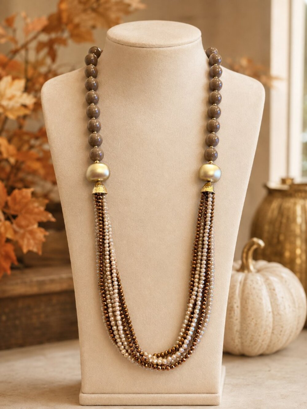Taupe Multi Strand Statement Necklace, Bronze and Champagne Beaded Necklace, Gol